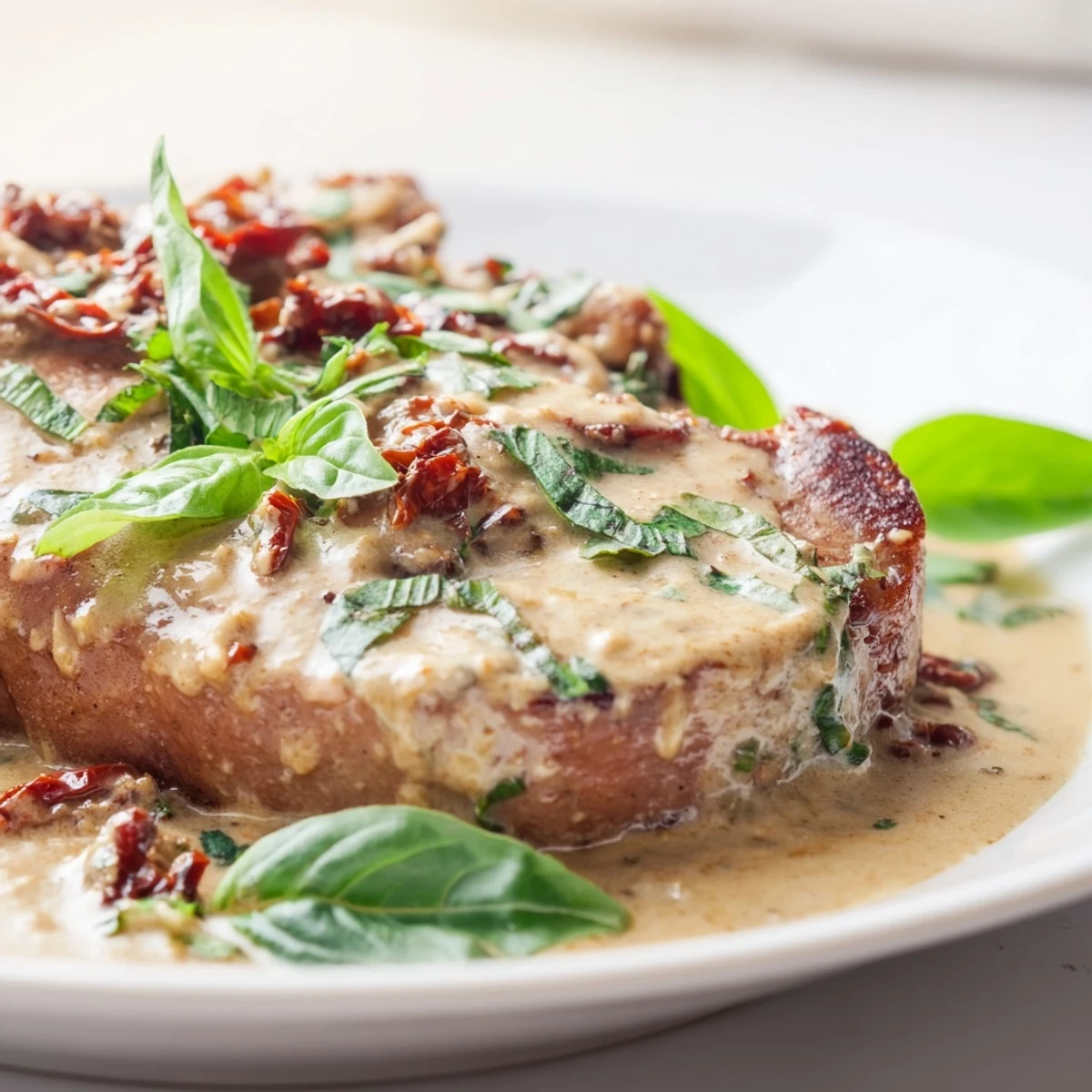 Succulent Marry Me pork chops plated in a luscious garlic cream sauce finished with chopped basil garnish