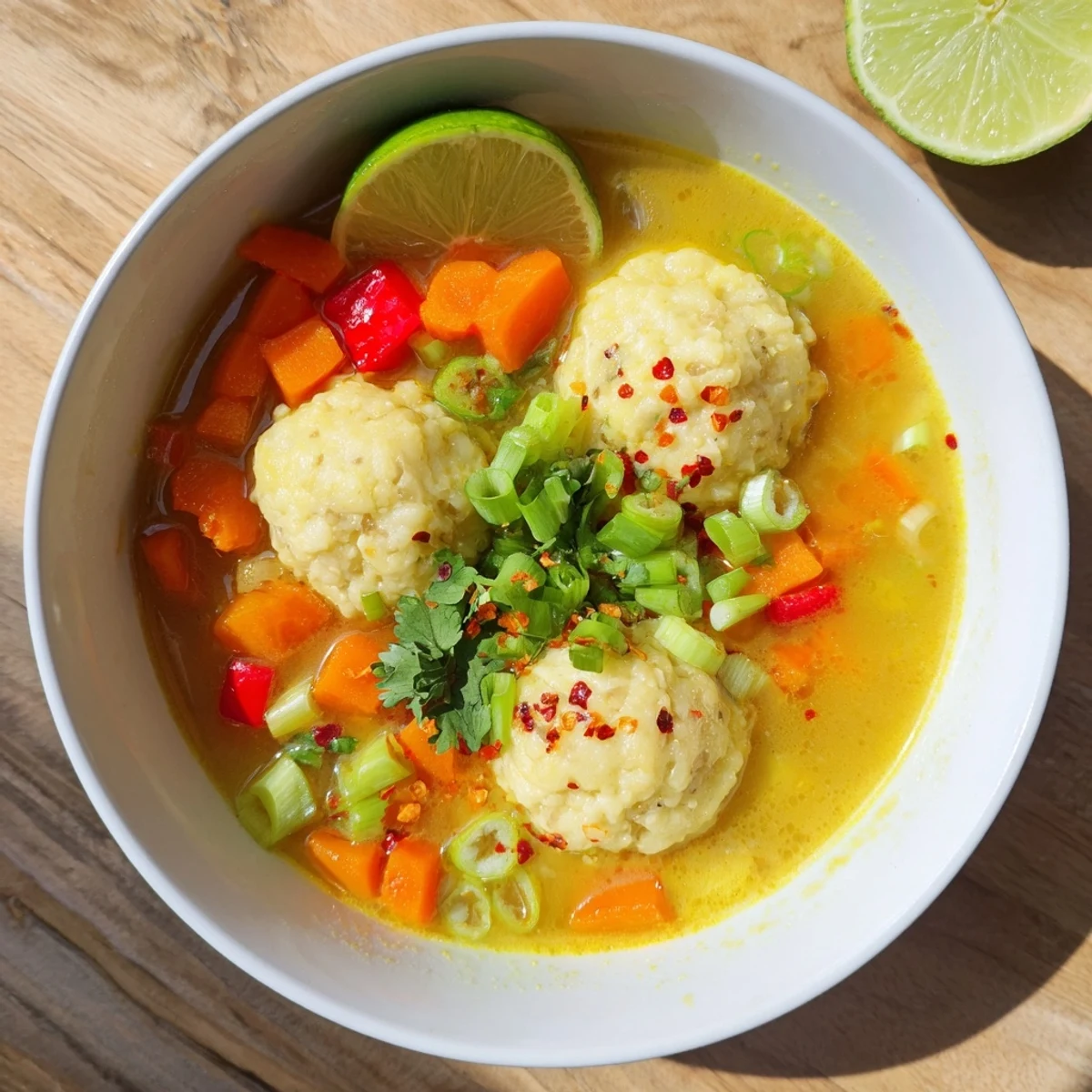 Creamy coconut curry soup with fluffy dumplings floating in golden spiced broth