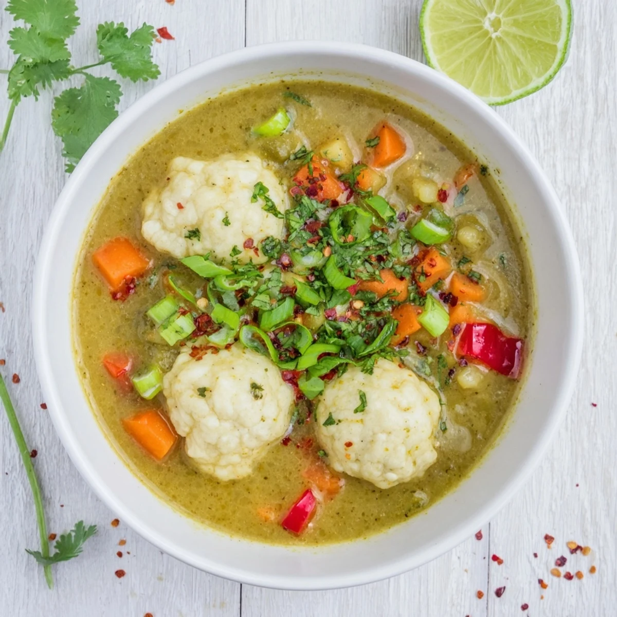 Steaming bowl of simple coconut curry soup with vegetables and tender dumplings