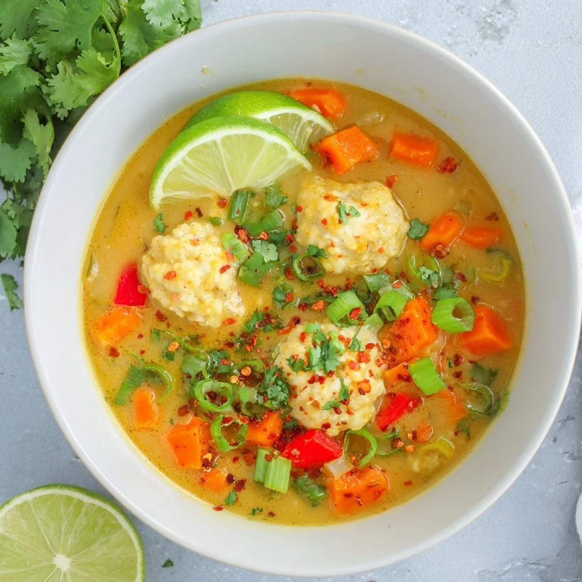 Golden curry soup featuring plump dumplings and colorful vegetables in coconut broth