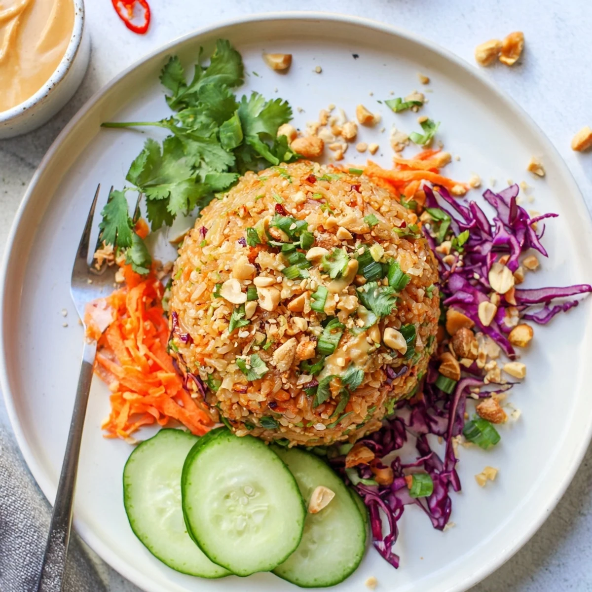 Vibrant crispy rice salad with colorful vegetables drizzled in creamy peanut sesame dressing
