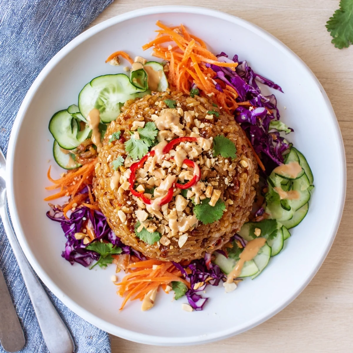 Colorful Asian-inspired crispy rice salad bowl with shredded vegetables and nutty dressing