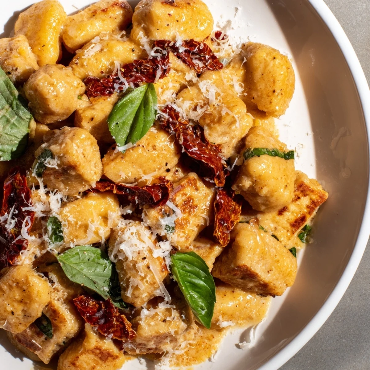 Marry Me crispy tofu with gnocchi plated with fresh basil garnish in creamy red tomato sauce
