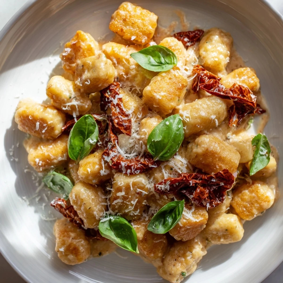Golden crispy tofu cubes nestled with pillowy gnocchi in rich sun-dried tomato cream sauce