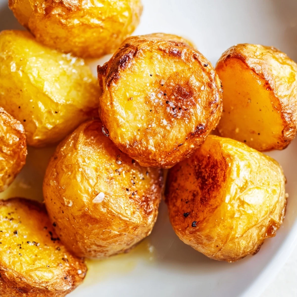 Golden brown homemade roast potatoes with crispy edges and fluffy centers seasoned with sea salt