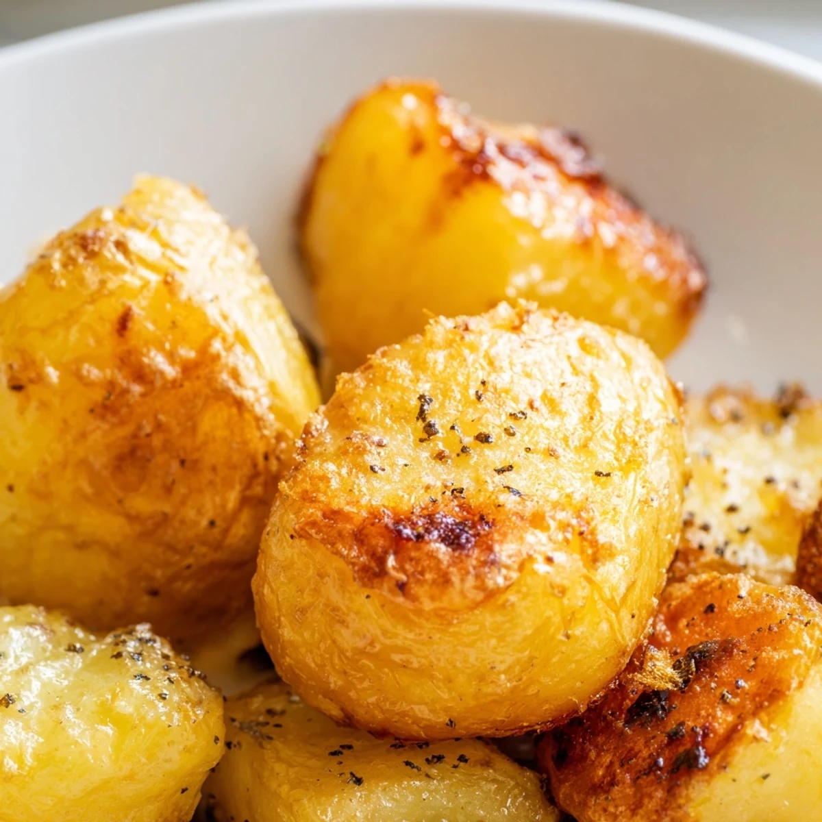 Steaming hot homemade roast potatoes fresh from the oven with perfectly crispy golden exterior texture