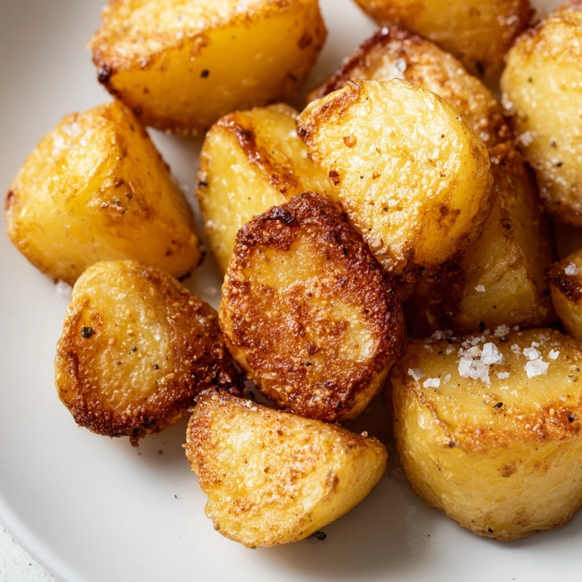 Homemade roast potatoes arranged on a serving platter garnished with fresh rosemary sprigs and garlic