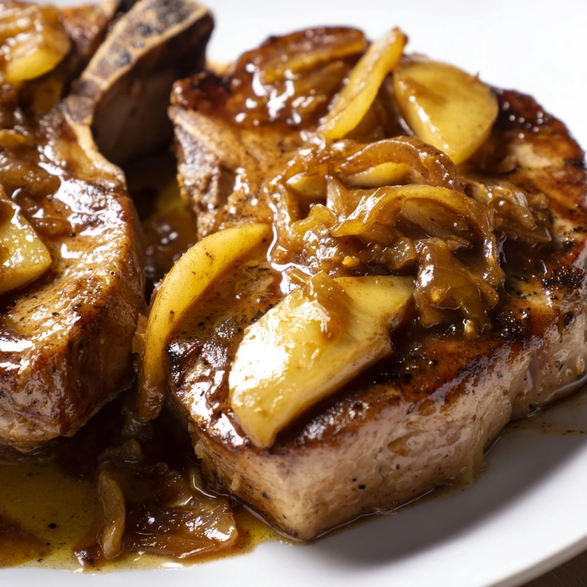 Golden seared pork chops resting in rich apple butter sauce with tender caramelized apples and onions