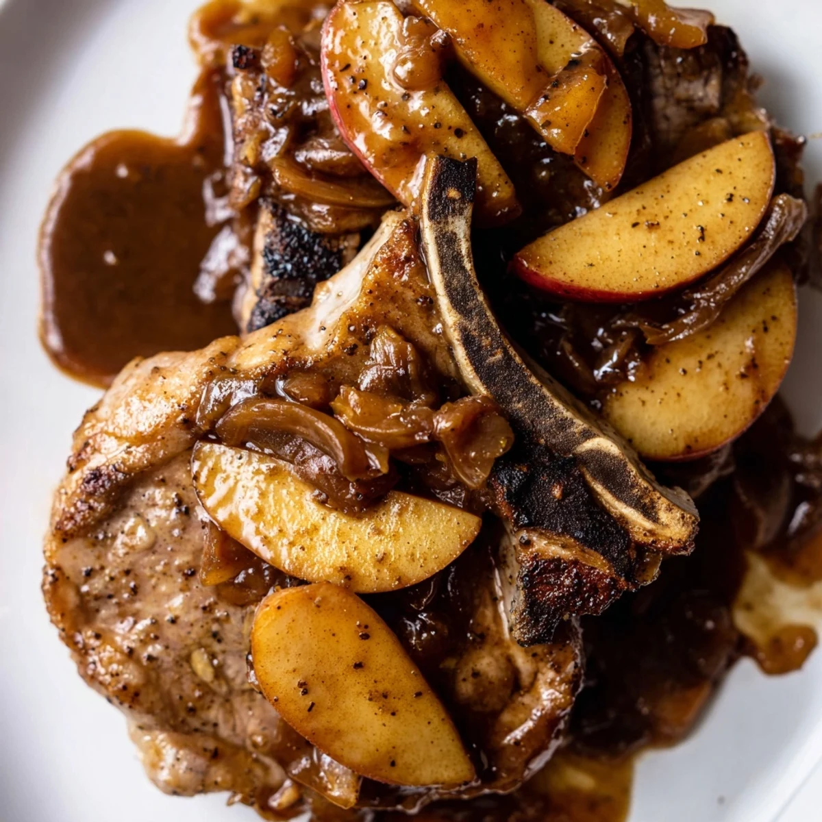 Homemade apple butter pork chops plated with cinnamon spiced apple slices and savory onion garnish