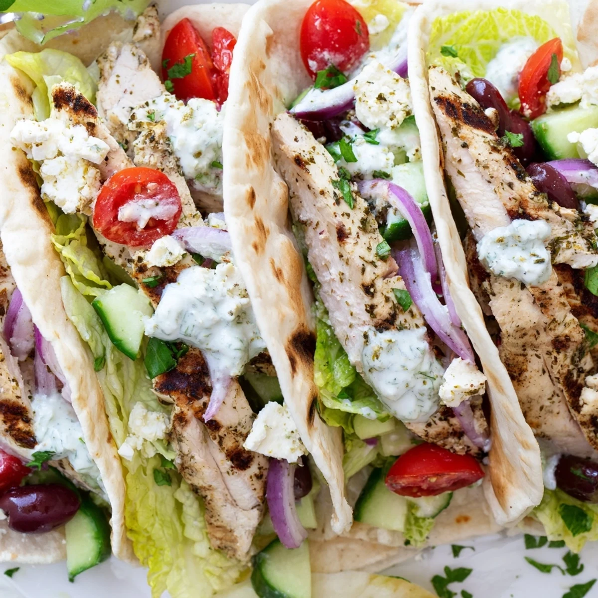 Golden grilled chicken stuffed in soft tortillas with crisp vegetables and tangy feta cheese topping
