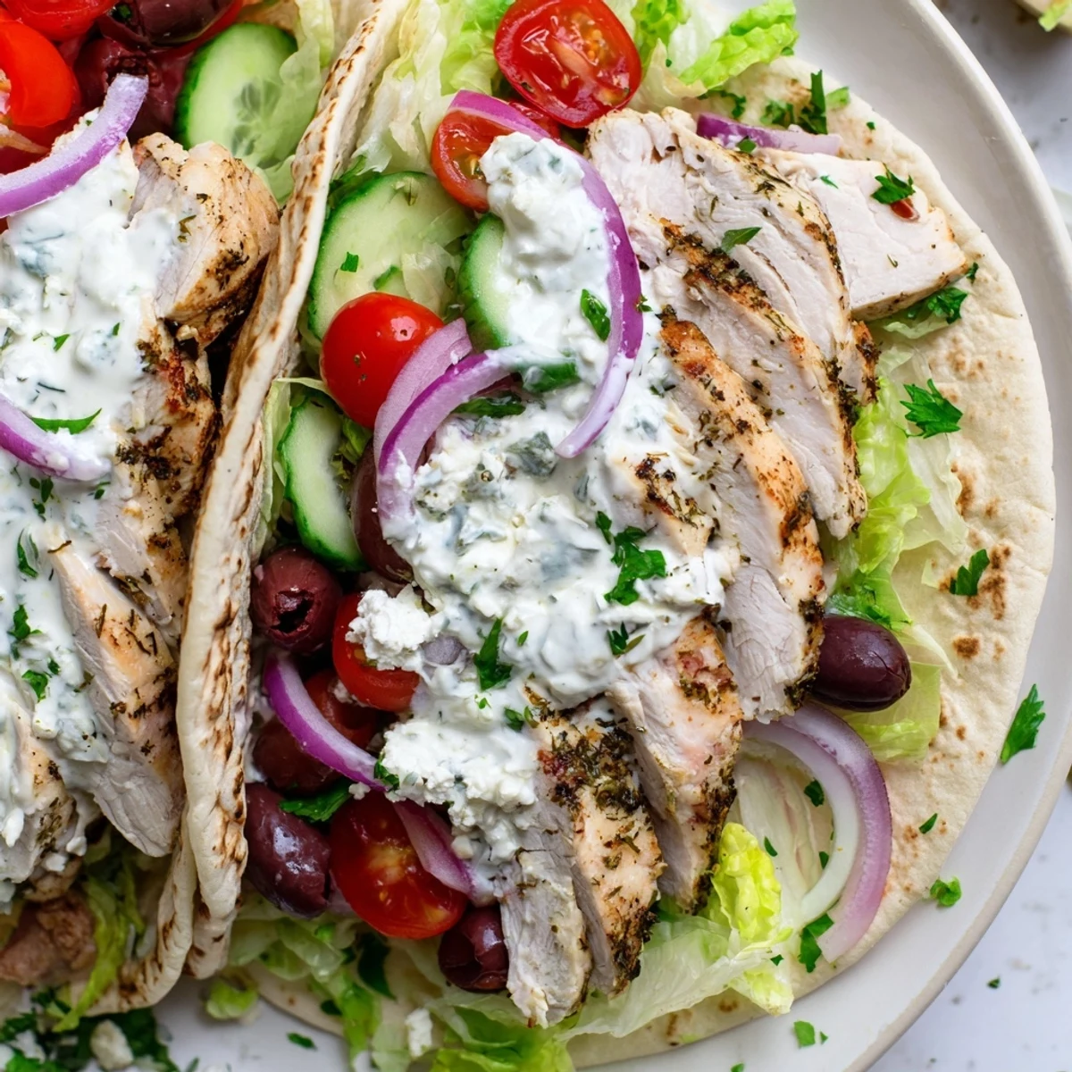 Mediterranean chicken tacos piled high with fresh lettuce, tomatoes, cucumber, and creamy yogurt sauce