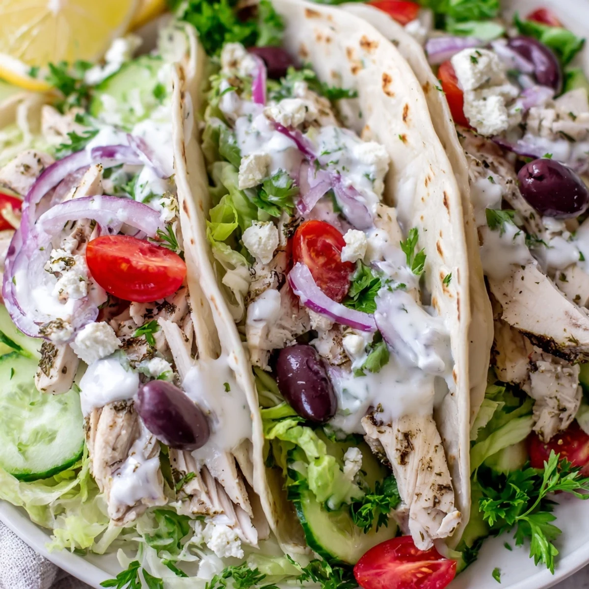 Sliced spiced chicken nestled in warm tortillas with olives, onions, and crumbled feta cheese