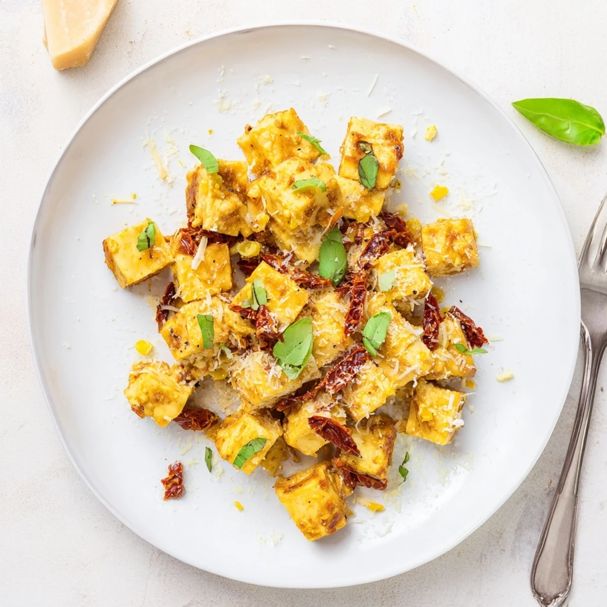 Creamy Marry Me Tofu served over pasta with colorful sun-dried tomatoes and golden brown plant-based protein