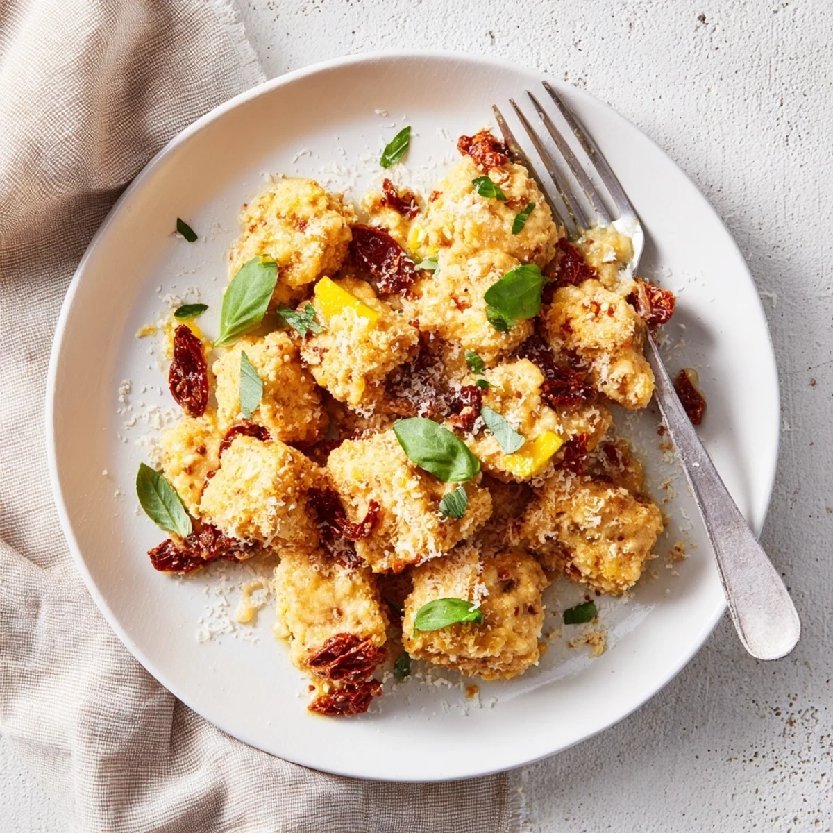 Vegan crispy tofu smothered in thick garlic cream sauce with red sun-dried tomato pieces and green basil