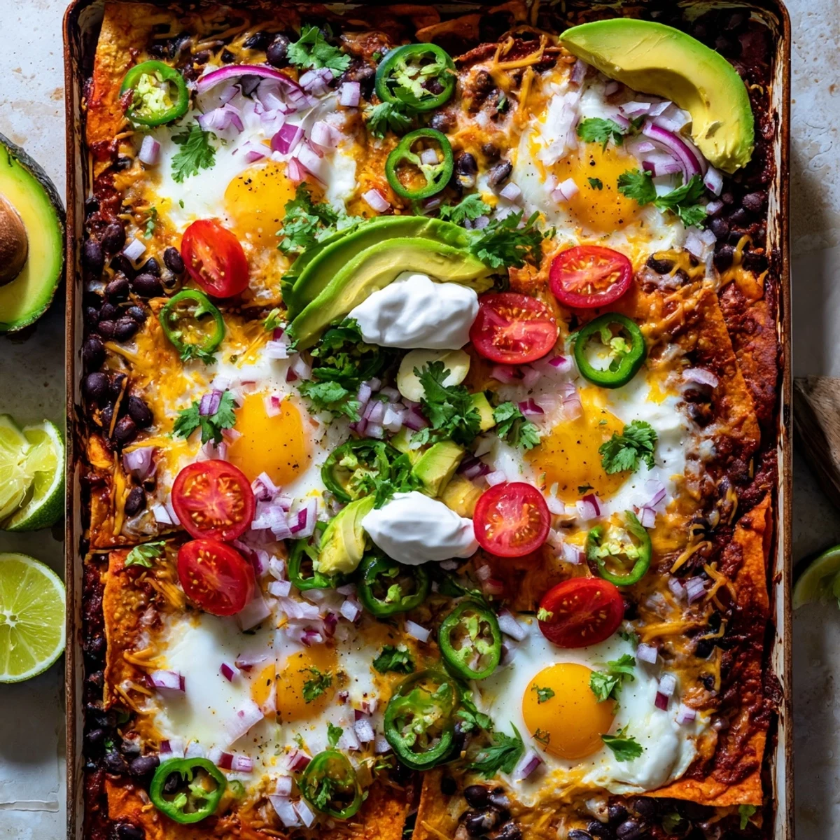 Mexican egg nachos with crispy tortilla chips, melted cheddar, and perfectly baked sunny-side-up eggs topped with fresh avocado slices