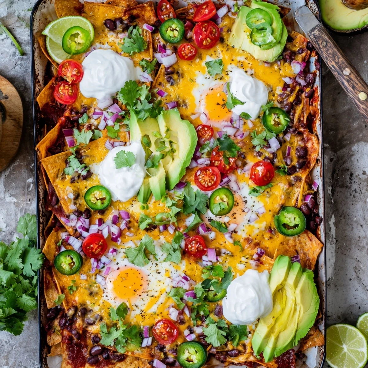 Baked Mexican egg nachos featuring spiced black beans, runny yolks, and vibrant tomato salsa for a hearty vegetarian brunch