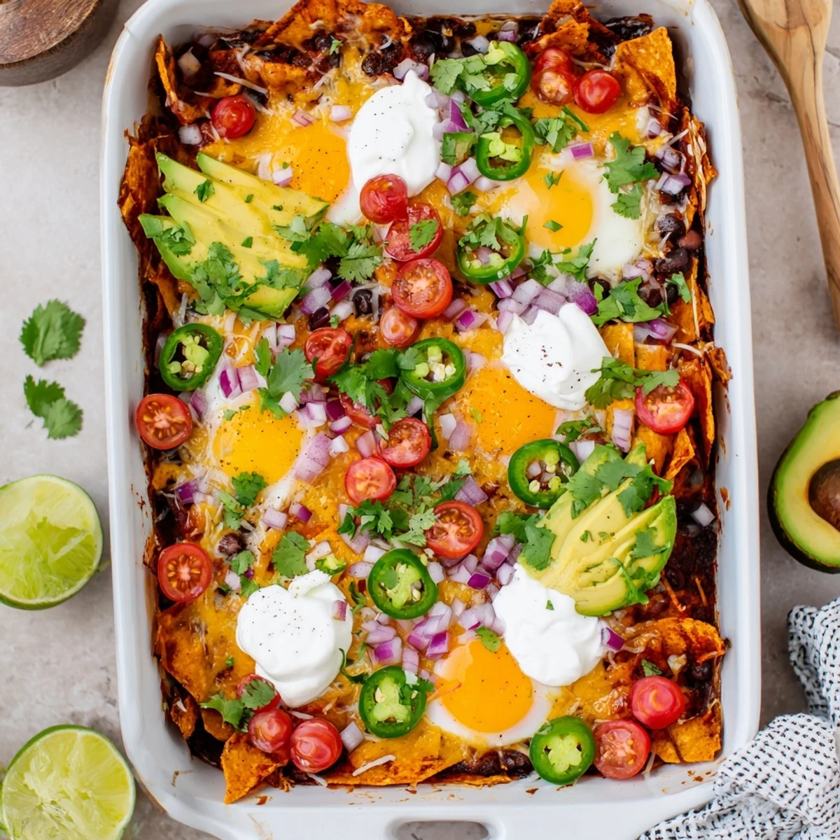 Golden Mexican egg nachos layered with cheese, creamy avocado, cilantro, and sour cream served piping hot from the oven