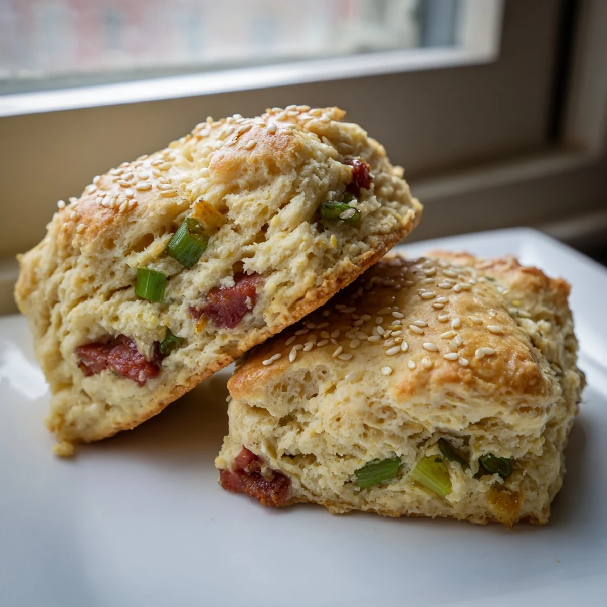 Golden homemade Chinese sausage biscuits with savory diced lap cheong pieces scattered throughout fluffy layers