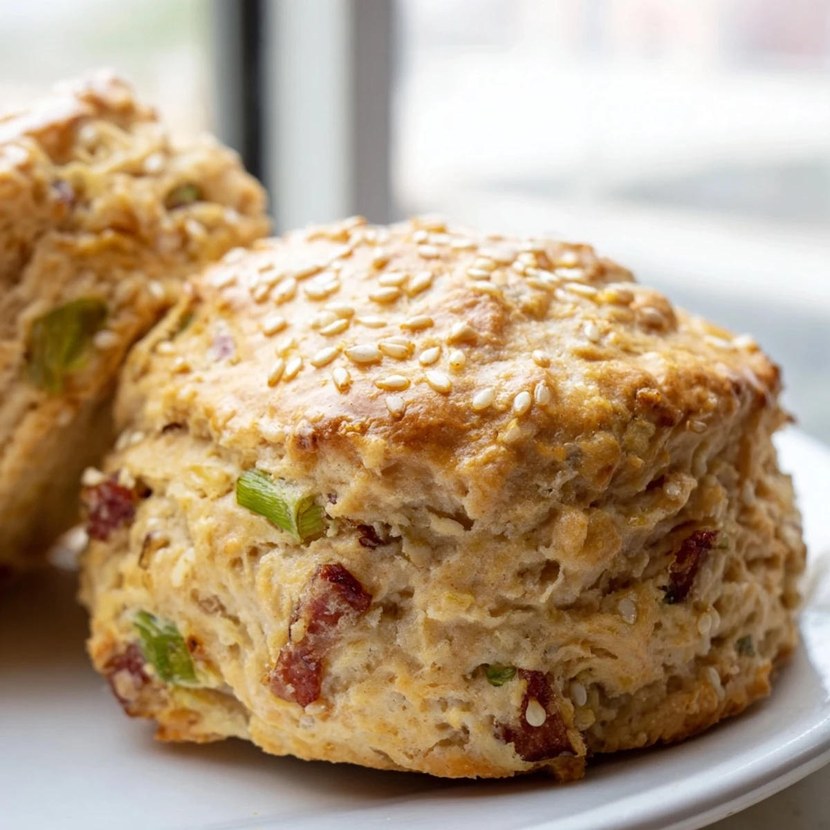 Freshly baked Chinese sausage biscuits featuring golden brown tops and visible sausage bits for a savory breakfast
