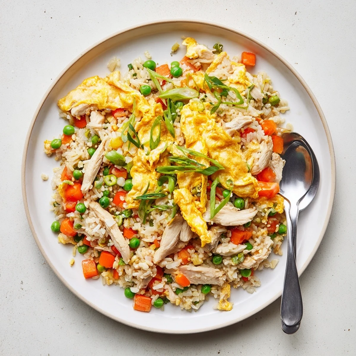 Golden chicken fried rice topped with delicate egg omelette strips and colorful vegetables in a serving bowl