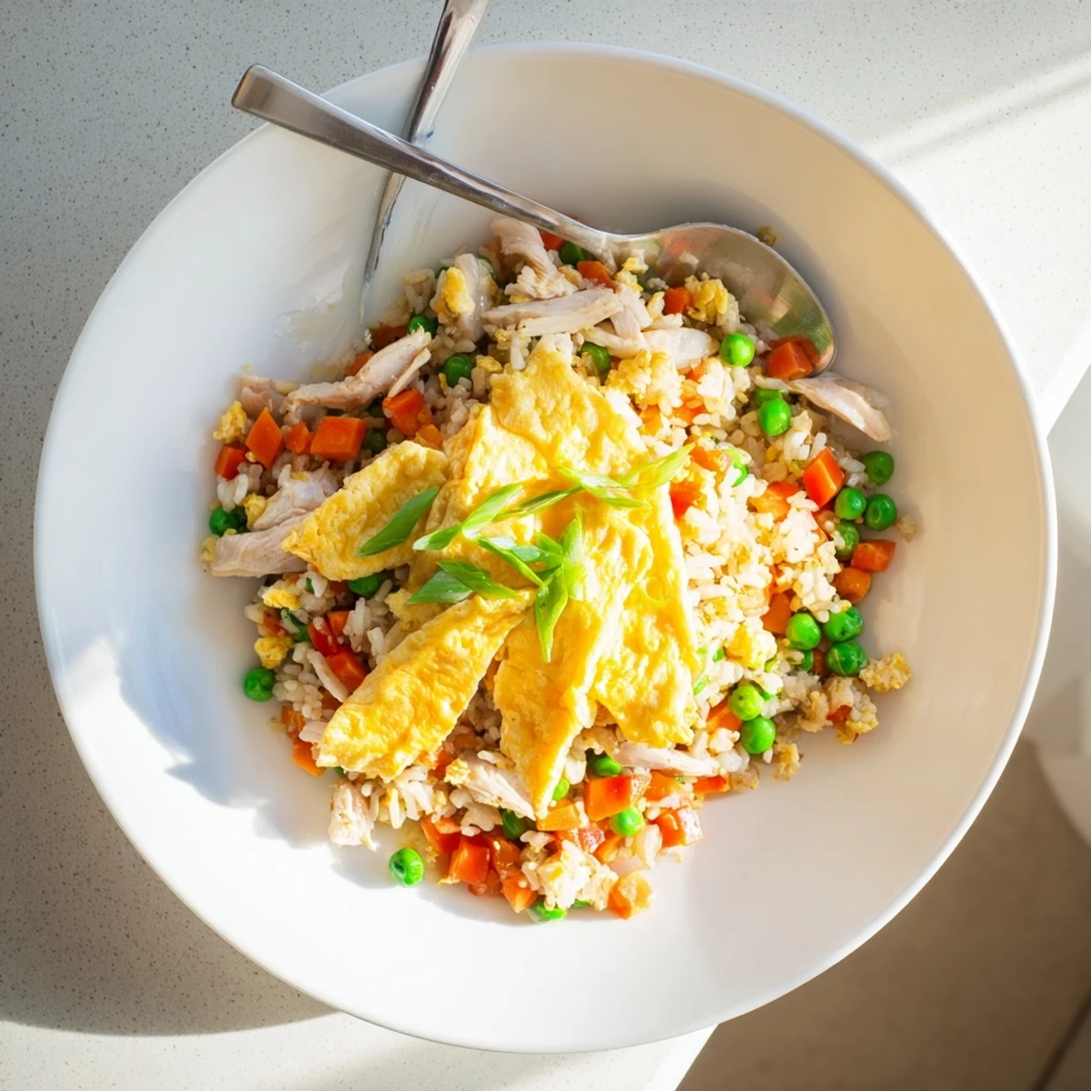 Steaming plate of chicken fried rice featuring tender sliced chicken pieces, vibrant carrots, and ribbons of egg omelette