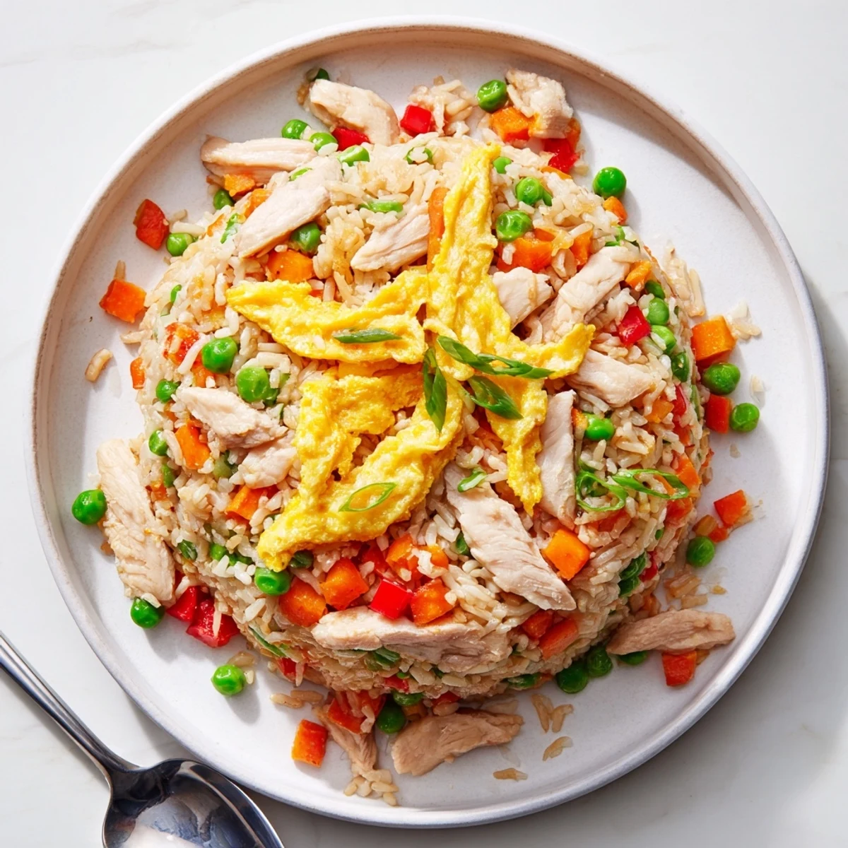 Close-up of Asian-style chicken fried rice garnished with green onions and savory egg omelette slices on white plate
