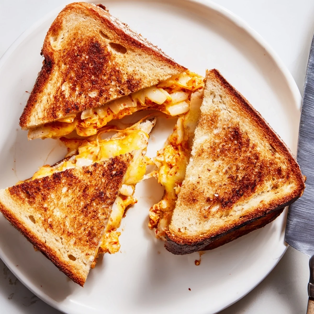 Sliced kimchi grilled cheese displaying gooey cheese and crispy buttered crust