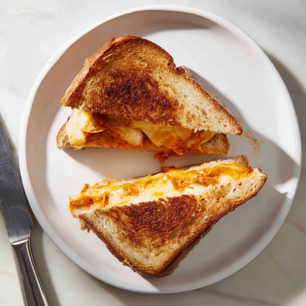 Korean fusion grilled cheese with spicy kimchi filling and melted mozzarella layers