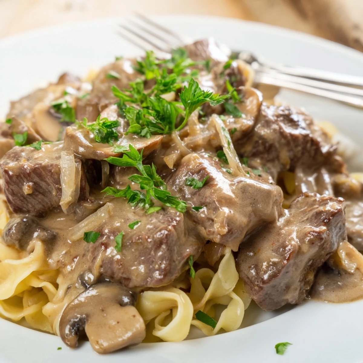 Creamy beef and mushroom stroganoff served over egg noodles with fresh parsley garnish
