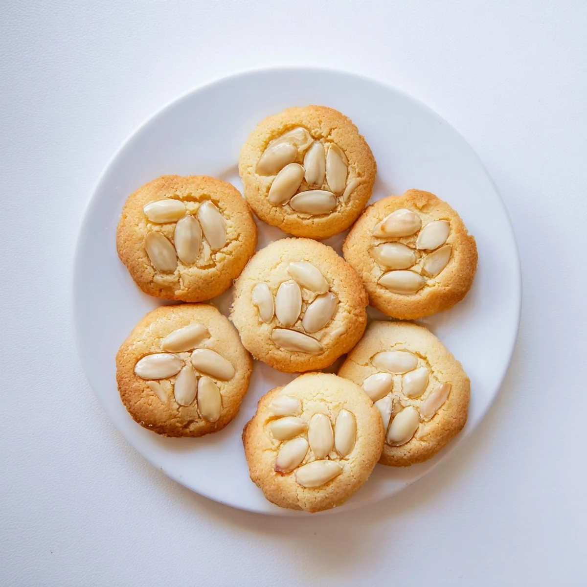 Golden Chinese almond cookies arranged on a white plate with whole almond centers