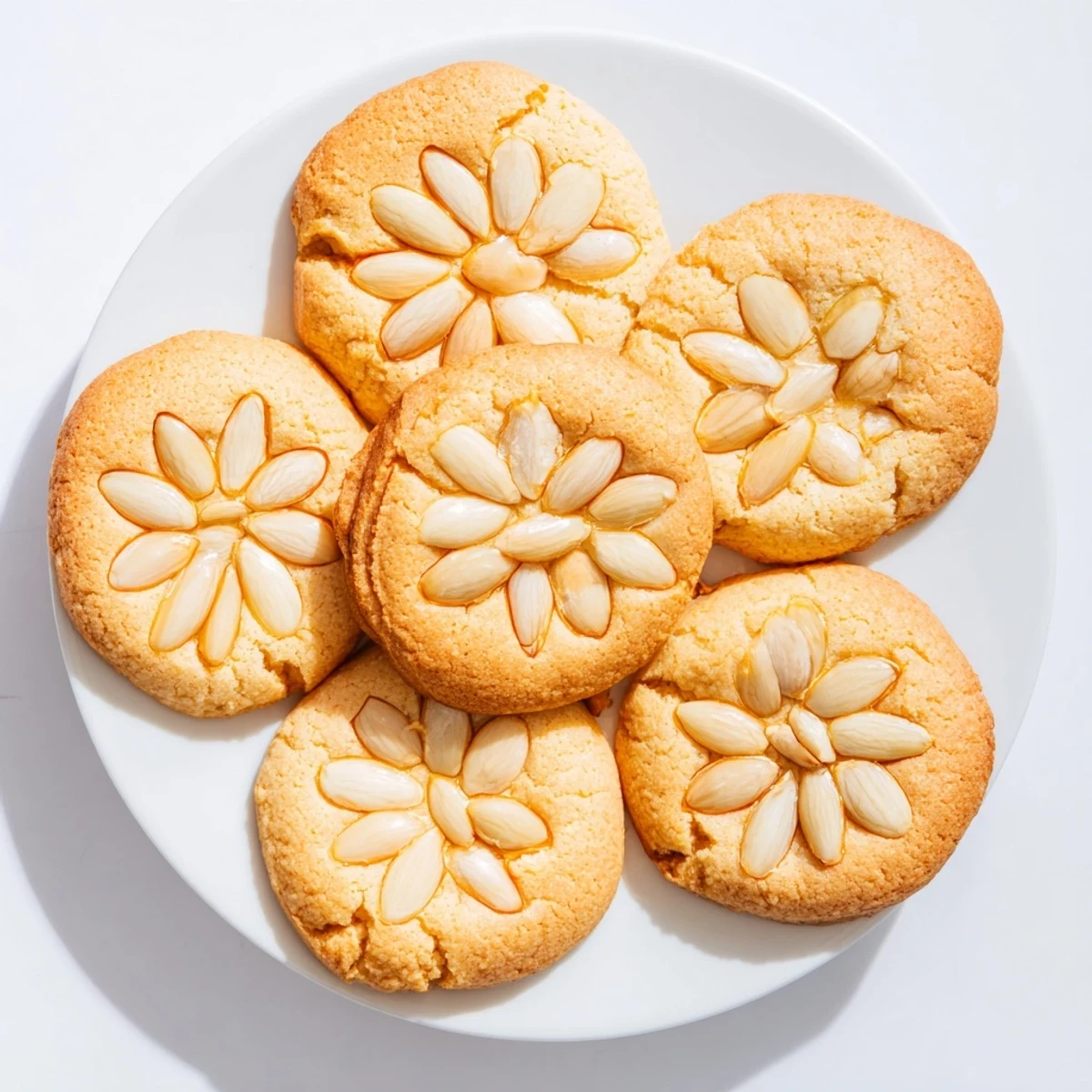 Close-up of crumbly Chinese almond cookies garnished with blanched almonds and lightly golden edges