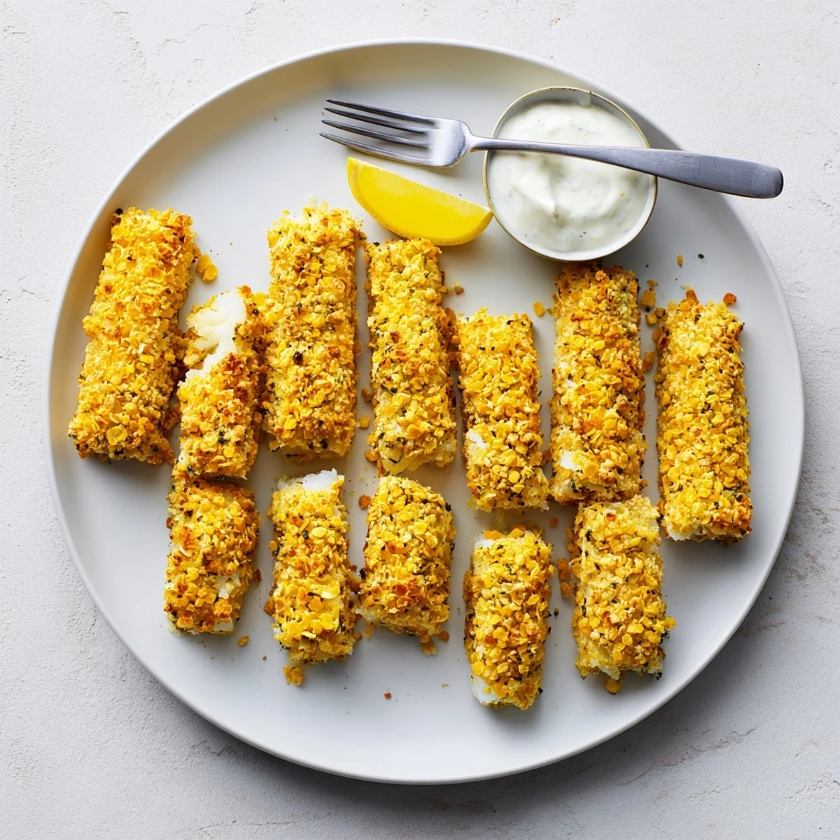 Family plate of crunchy corn chip fish fingers served with lemon wedges and tartare sauce