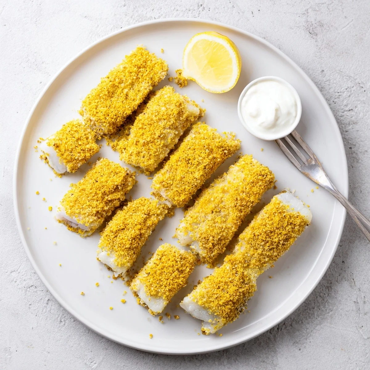 Golden brown corn chip fish fingers arranged on a white baking sheet, crispy coating visible