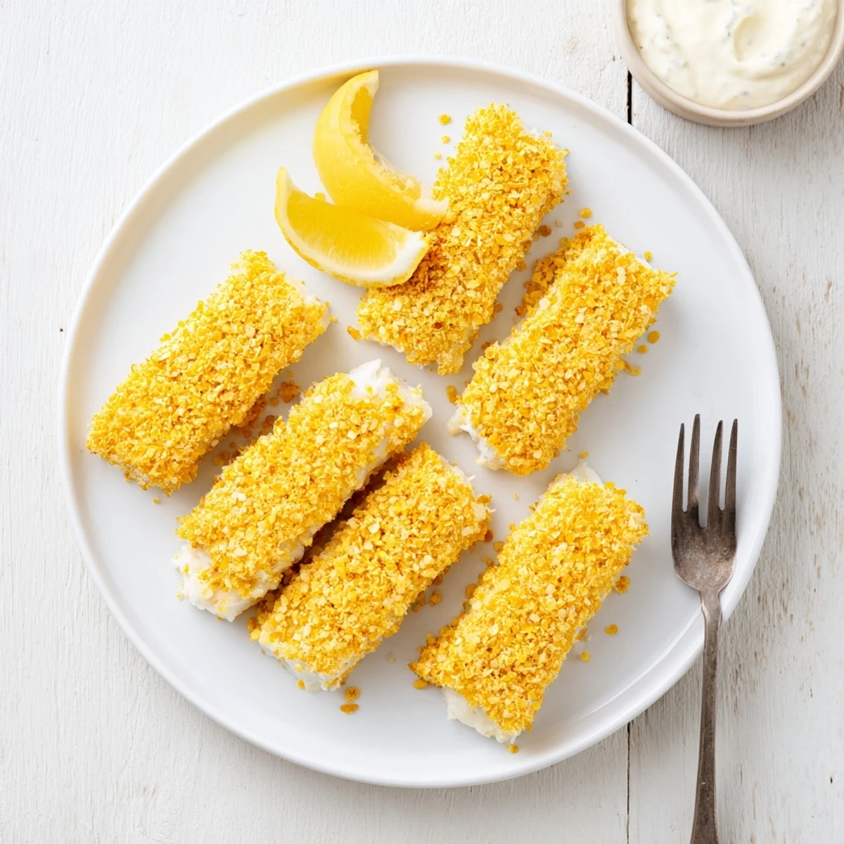 Close-up of baked corn chip fish fingers showing textured corn chip crust on white fish strips