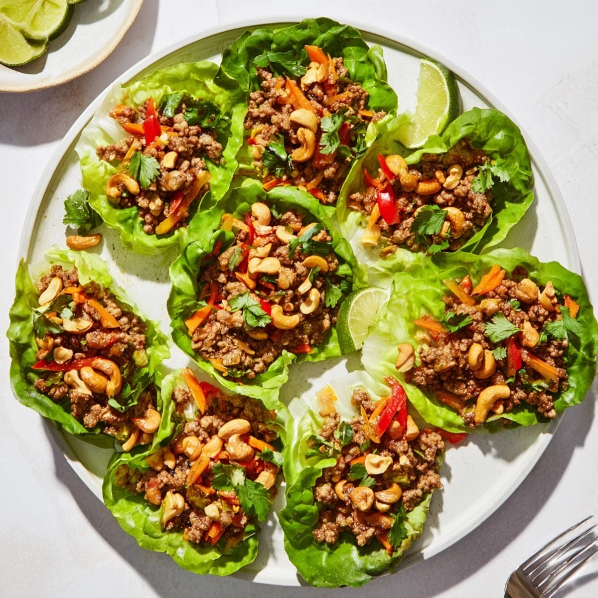 Golden minced beef mixture with crunchy cashews spooned into vibrant green lettuce leaves for serving