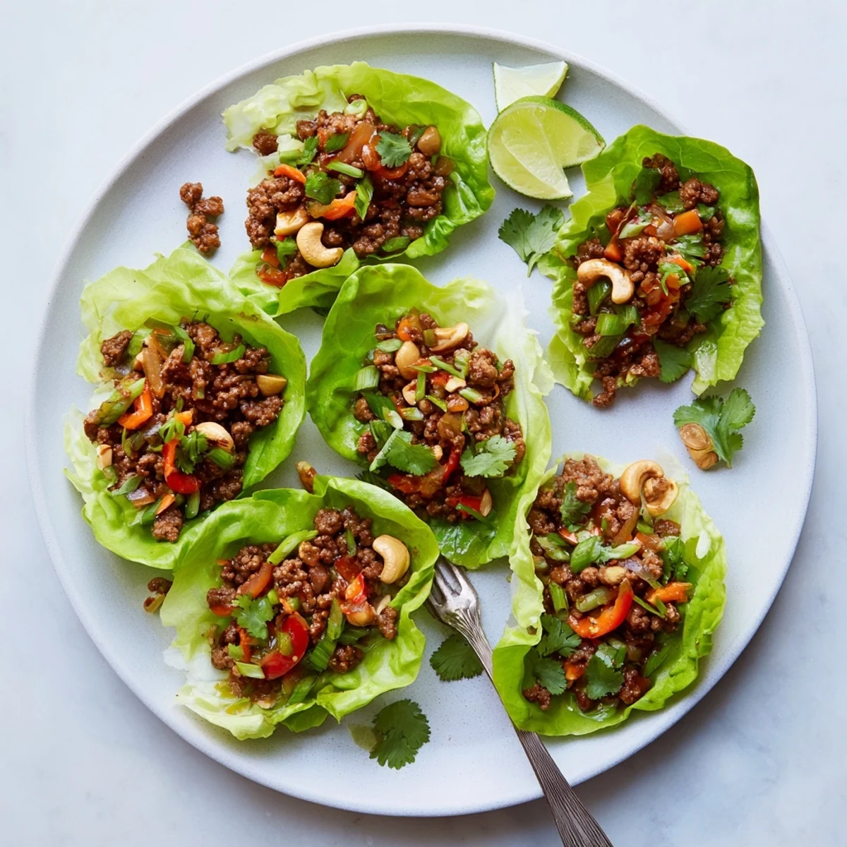 Crisp butter lettuce cups filled with savory beef and cashew stir fry topped with fresh cilantro