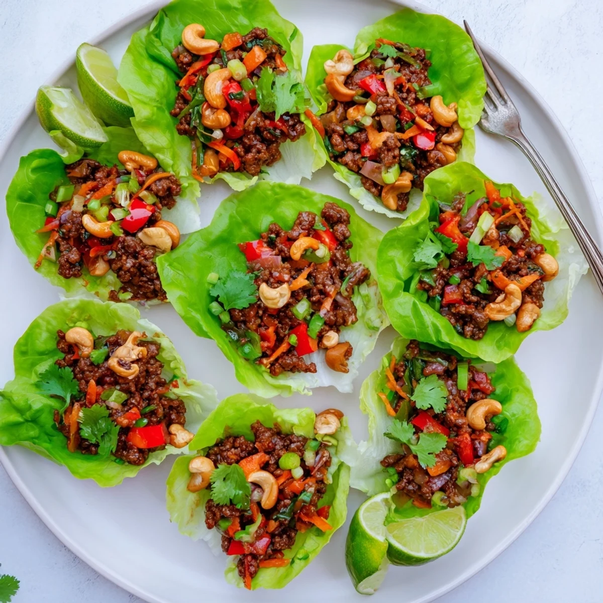 Asian-inspired beef and cashew lettuce cups garnished with lime wedges and spring onions on white plate