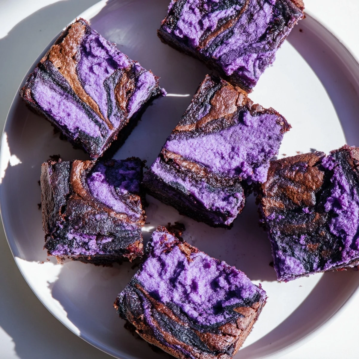 Vibrant purple Filipino brownie squares topped with chocolate marbled swirls and powdered sugar