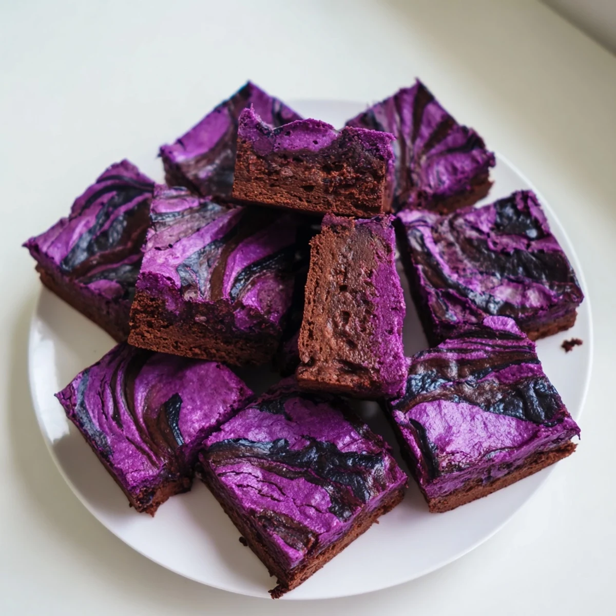 Fudgy ube brownies swirled with melted chocolate on a white ceramic plate