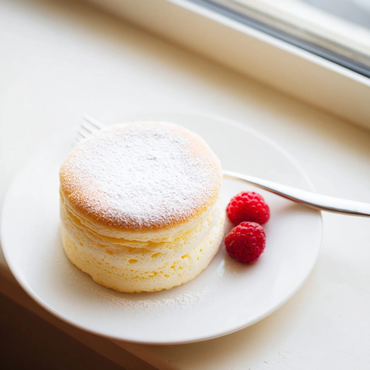 Cloudlike Japanese cheesecake with delicate crumb structure served with summer strawberry garnish