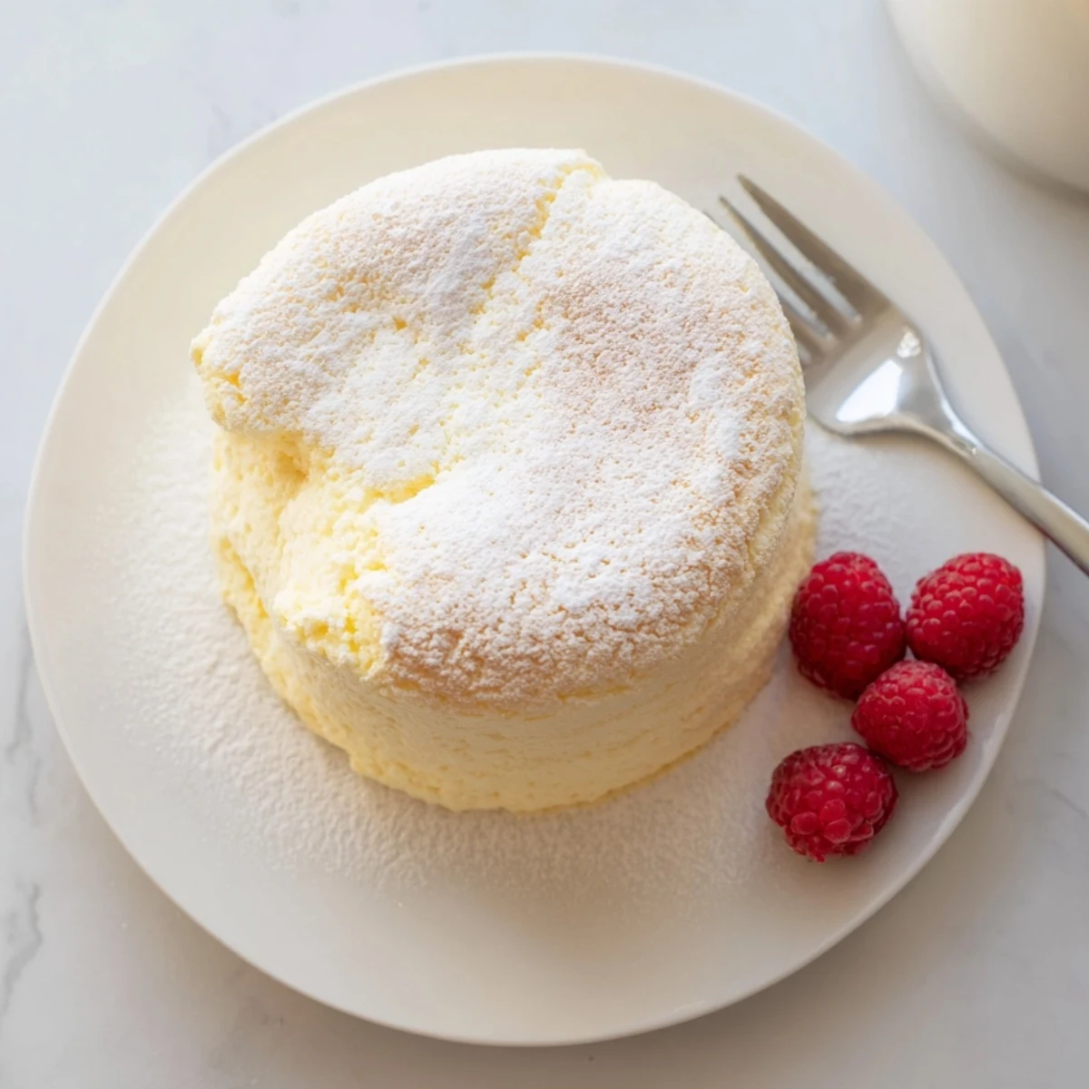 Light and jiggly Japanese cheesecake topped with fresh berries and powdered sugar dusting