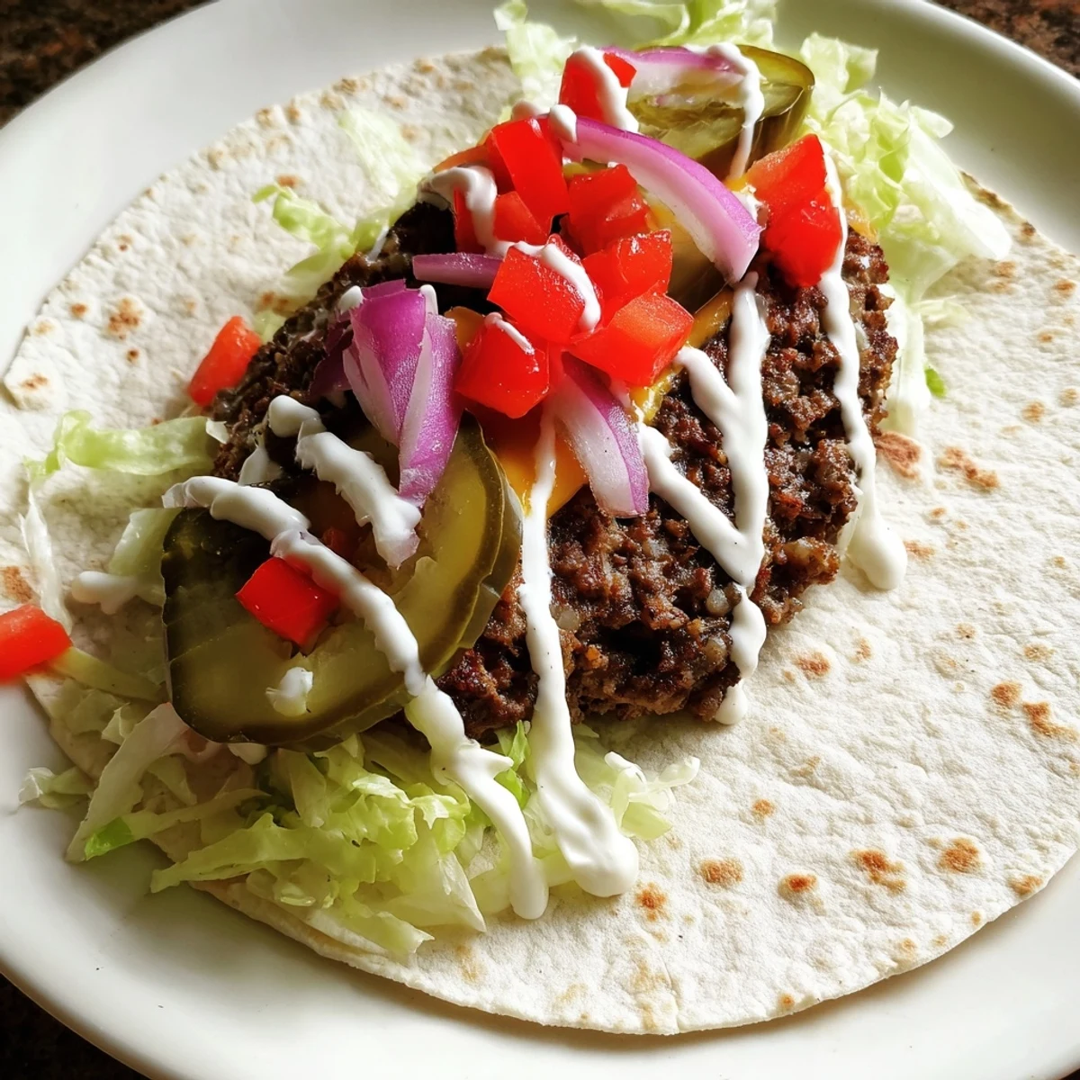 Crispy beef smash burger tacos topped with fresh lettuce tomato and tangy pickles