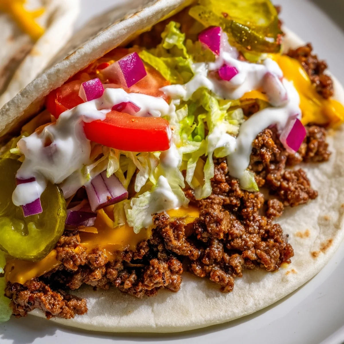 Juicy American-Mexican fusion smash burger tacos drizzled with creamy burger sauce and served hot