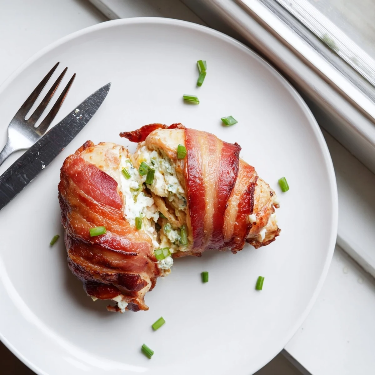 Golden bacon-wrapped chicken breasts oozing with creamy jalapeño cheese filling on a white plate