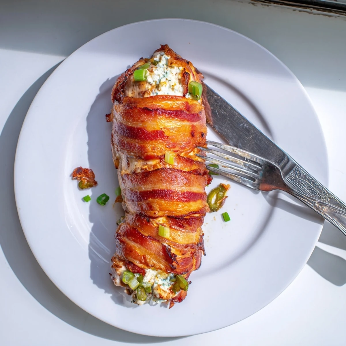 Savory bacon-wrapped jalapeño popper chicken fresh from the oven with crispy cooked bacon exterior