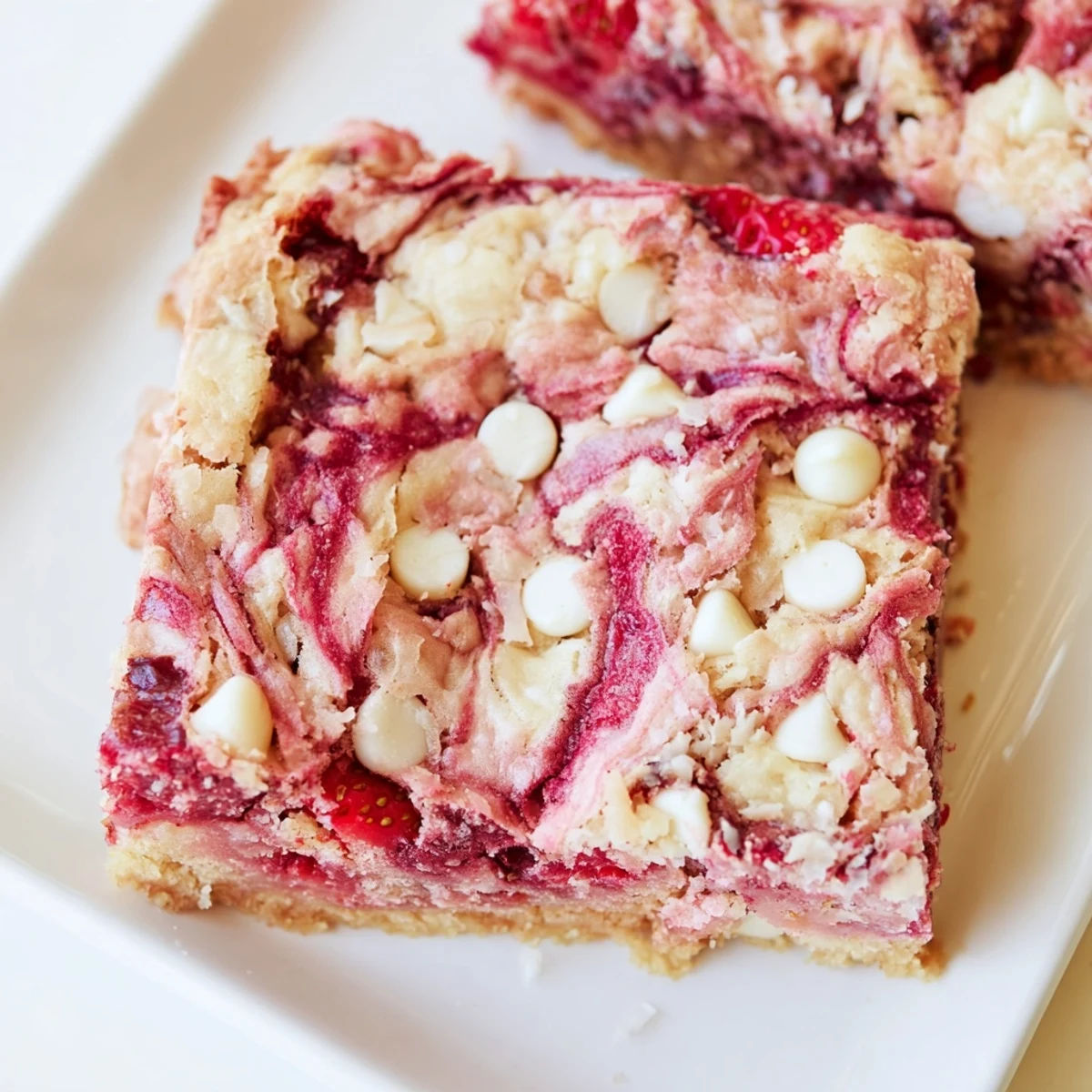 Gooey strawberry earthquake cake with cream cheese swirls and cracked texture on a white plate