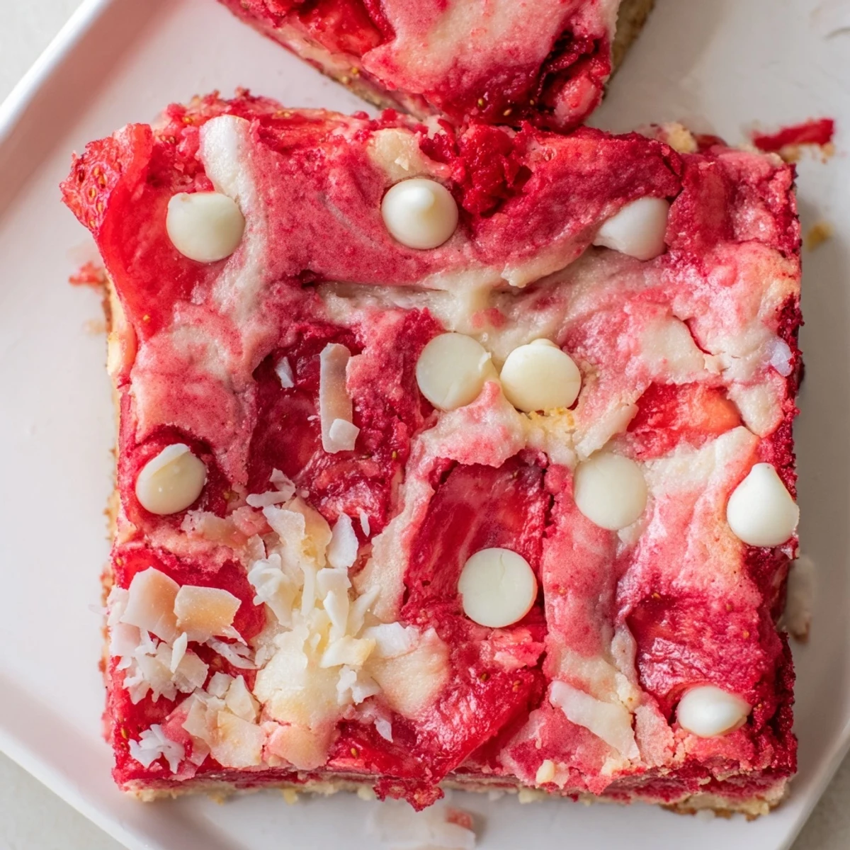 Fresh strawberry earthquake cake served warm with visible cream cheese swirls and tender strawberry chunks