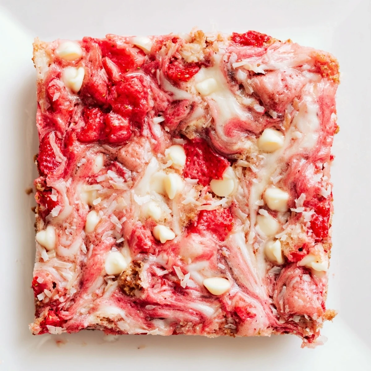 Decadent strawberry earthquake cake showing marbled cream cheese layers with coconut and white chocolate chips