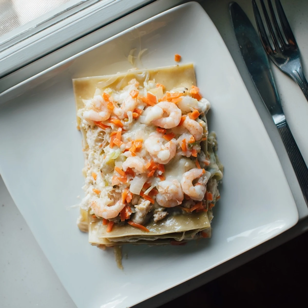 Golden-brown shrimp dumpling lasagna with bubbling cheese and layered dumpling wrappers