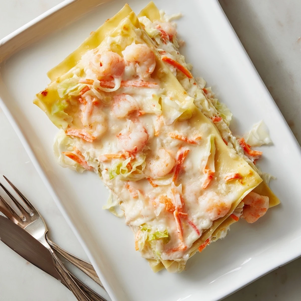 Fusion shrimp dumpling lasagna baked in a dish with melted mozzarella and parmesan topping